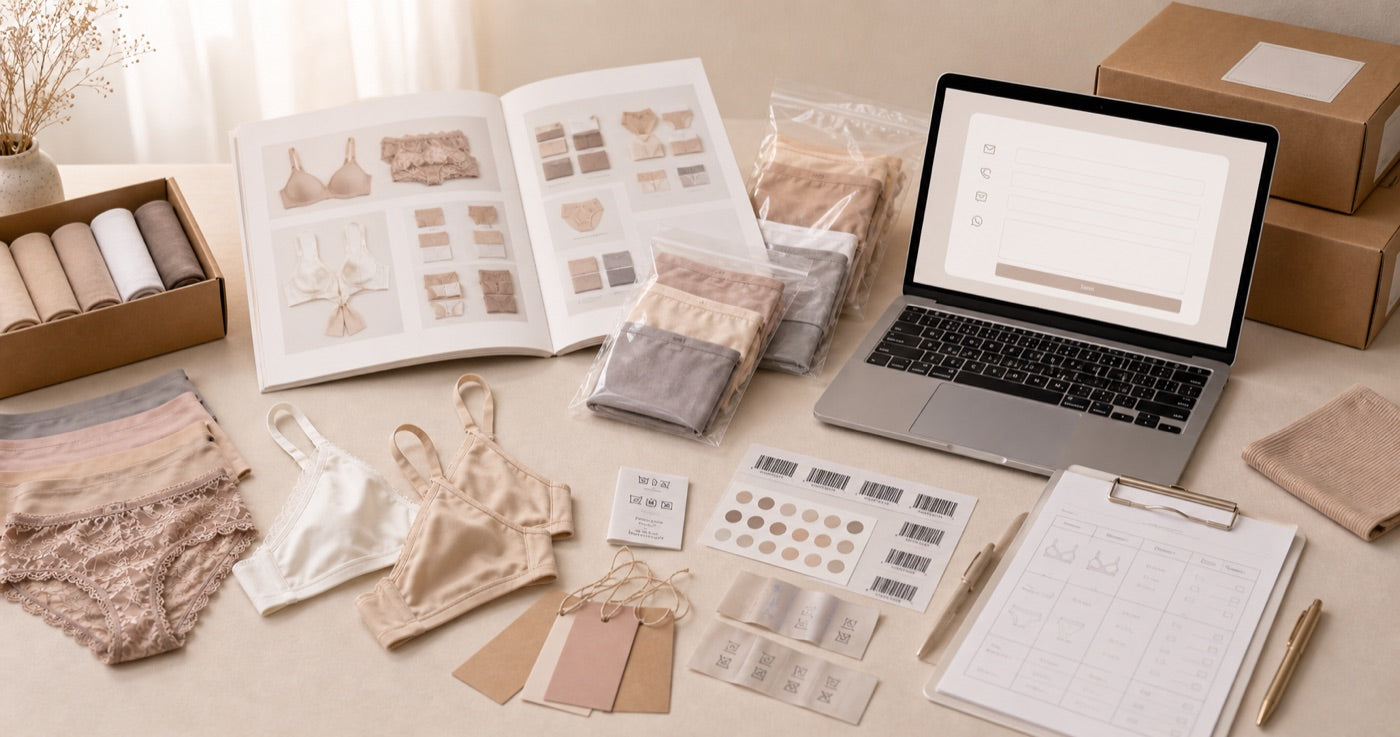 B2B underwear inquiry with catalog packaging samples and labels