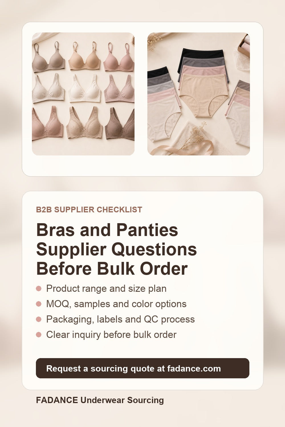 Bras and panties supplier questions checklist for MOQ samples packaging and QC