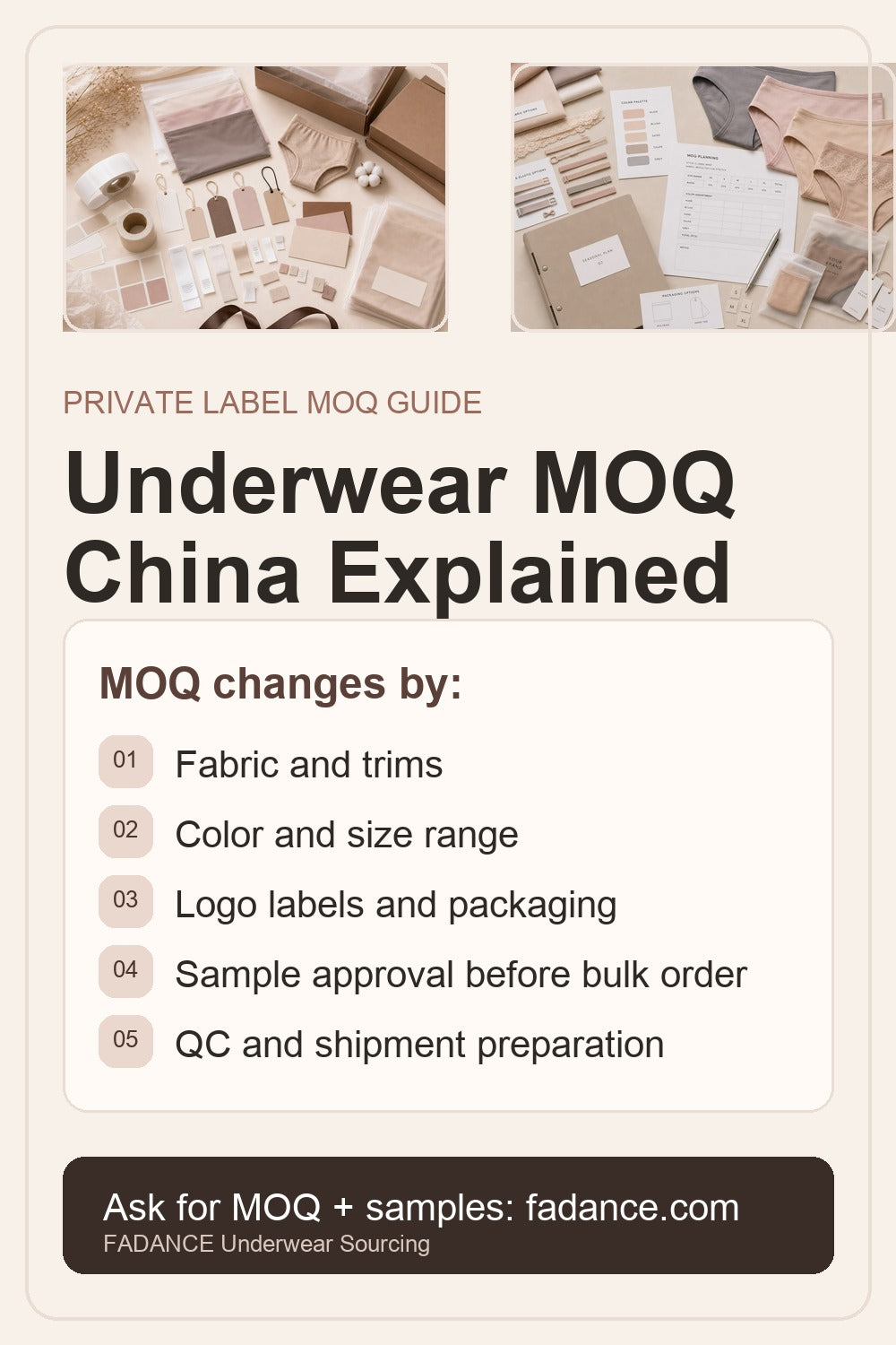 Underwear MOQ China guide for private label buyers covering fabric colors packaging samples and QC