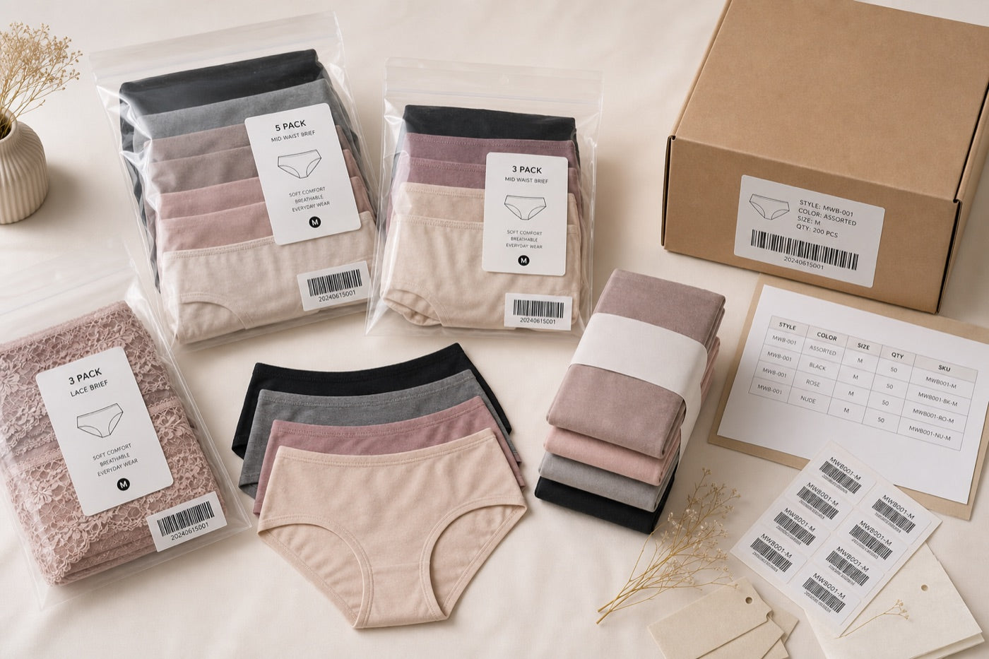 Ready-to-list underwear bundle with 3-pack 5-pack polybags barcode SKU and carton label