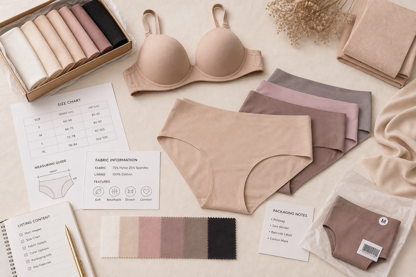 Underwear flat lay with size chart fabric information card and color swatches