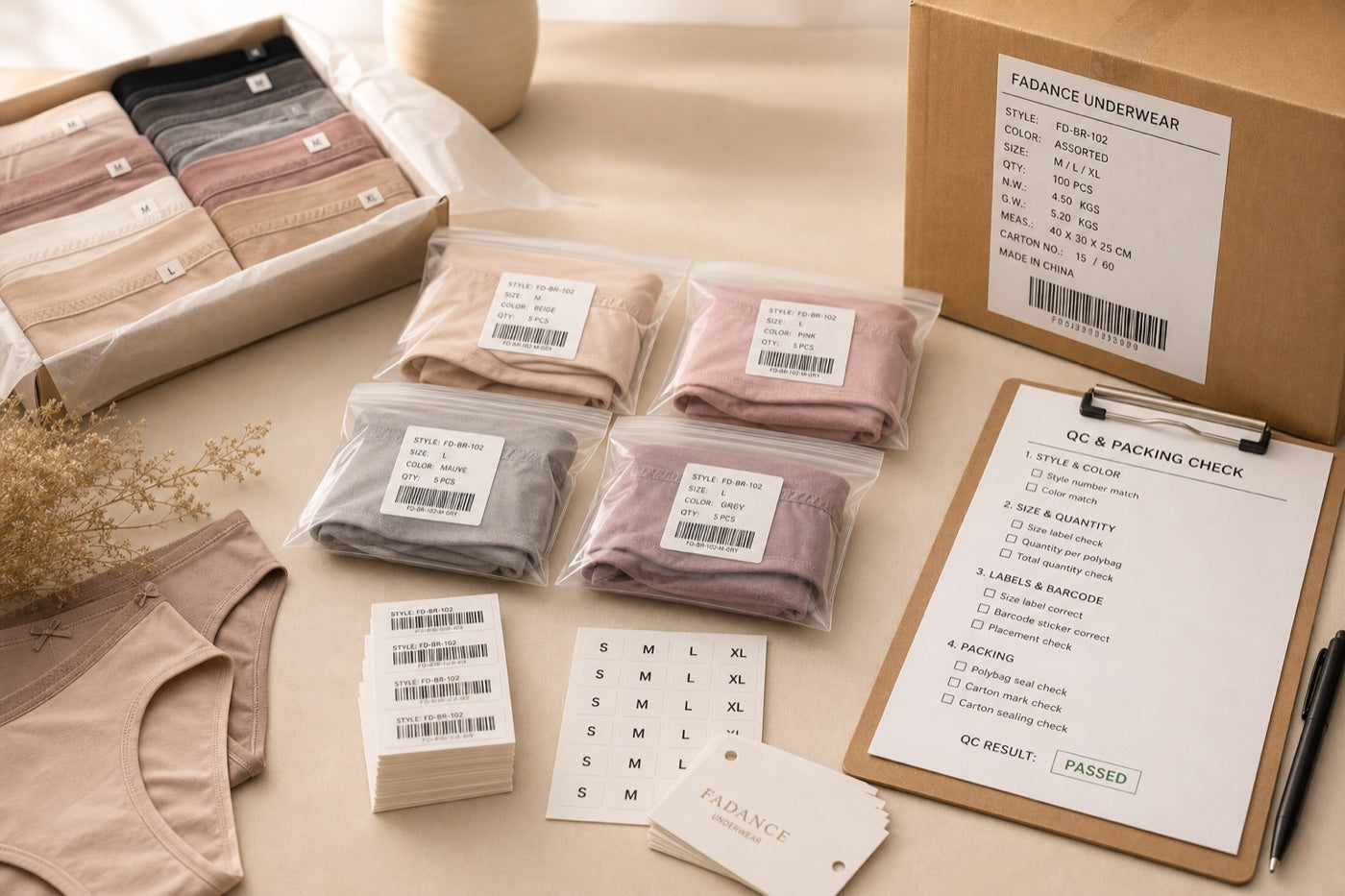 Online seller QC and packing check with polybags size labels barcode placement and carton checklist