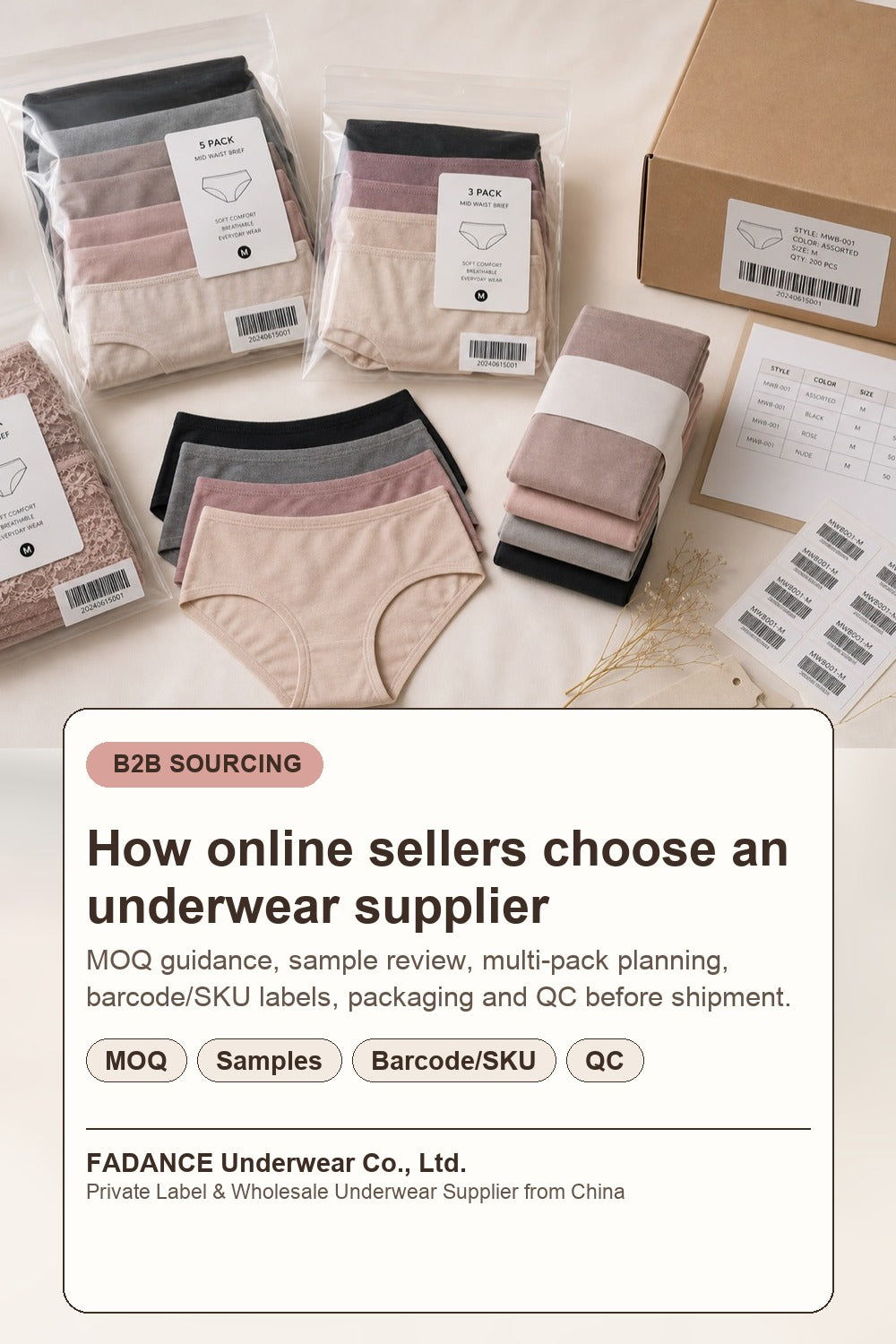 Pinterest summary for online sellers choosing an underwear supplier with MOQ samples barcode labels packaging and QC