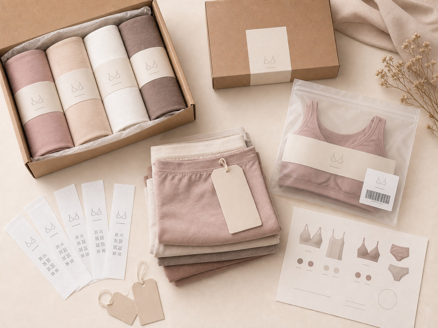Underwear sample label artwork packaging sample checklist measuring tape and fabric swatches