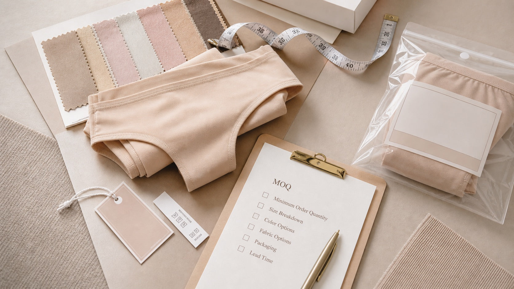 Underwear sample fabric swatches hang tag polybag and MOQ checklist