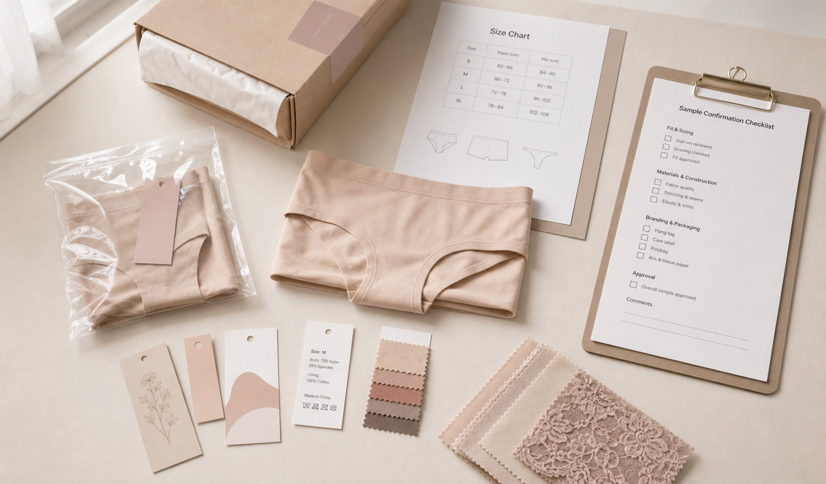 Sample review desk with size chart label artwork packaging sample and checklist