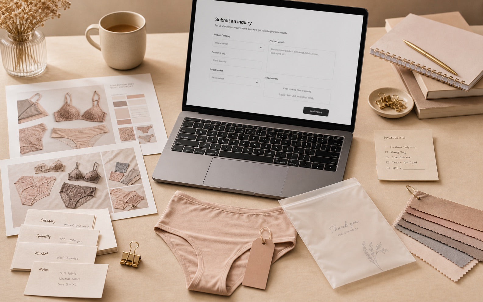 Laptop inquiry form catalog preview underwear sample and packaging notes