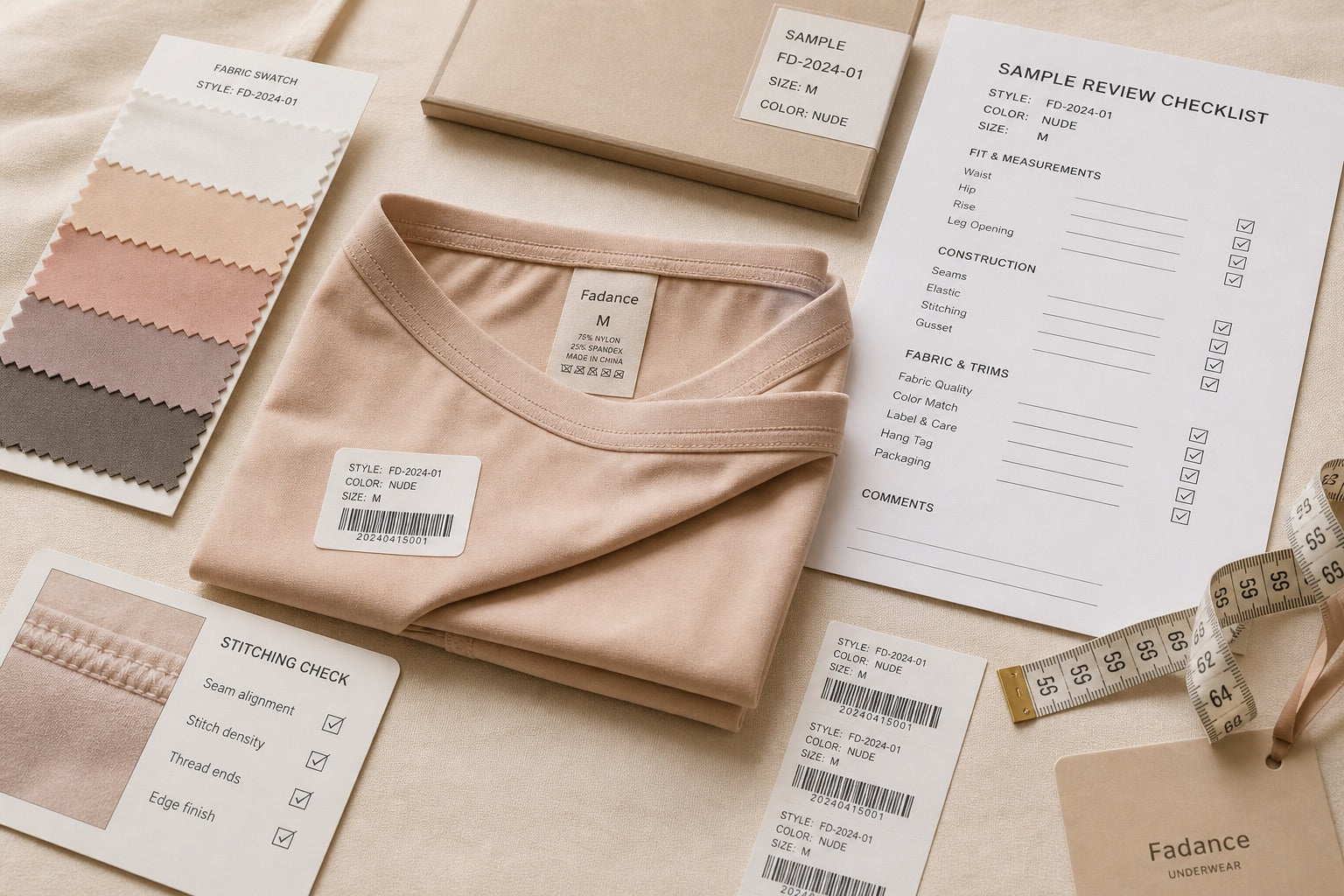 QC sample review with size label fabric swatch barcode sticker and packaging checklist